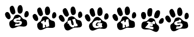 The image shows a series of animal paw prints arranged in a horizontal line. Each paw print contains a letter, and together they spell out the word Shughes.