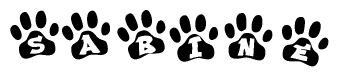The image shows a series of animal paw prints arranged horizontally. Within each paw print, there's a letter; together they spell Sabine