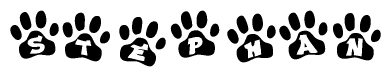 The image shows a series of animal paw prints arranged in a horizontal line. Each paw print contains a letter, and together they spell out the word Stephan.
