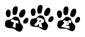 The image shows a row of animal paw prints, each containing a letter. The letters spell out the word Tre within the paw prints.