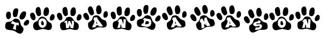The image shows a row of animal paw prints, each containing a letter. The letters spell out the word Towandamason within the paw prints.