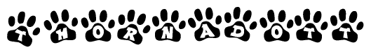 The image shows a series of animal paw prints arranged horizontally. Within each paw print, there's a letter; together they spell Thornadott