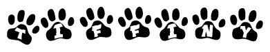 The image shows a series of animal paw prints arranged horizontally. Within each paw print, there's a letter; together they spell Tiffiny