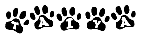 The image shows a series of animal paw prints arranged horizontally. Within each paw print, there's a letter; together they spell Taiya