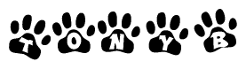 The image shows a series of animal paw prints arranged horizontally. Within each paw print, there's a letter; together they spell Tonyb