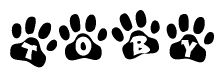 The image shows a row of animal paw prints, each containing a letter. The letters spell out the word Toby within the paw prints.