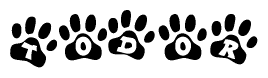 The image shows a row of animal paw prints, each containing a letter. The letters spell out the word Todor within the paw prints.