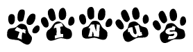 The image shows a series of animal paw prints arranged in a horizontal line. Each paw print contains a letter, and together they spell out the word Tinus.