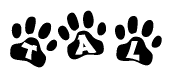 The image shows a series of animal paw prints arranged horizontally. Within each paw print, there's a letter; together they spell Tal
