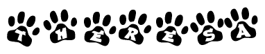 The image shows a row of animal paw prints, each containing a letter. The letters spell out the word Theresa within the paw prints.