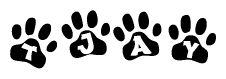 The image shows a series of animal paw prints arranged horizontally. Within each paw print, there's a letter; together they spell Tjay
