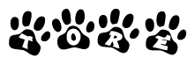 The image shows a row of animal paw prints, each containing a letter. The letters spell out the word Tore within the paw prints.