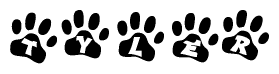The image shows a row of animal paw prints, each containing a letter. The letters spell out the word Tyler within the paw prints.