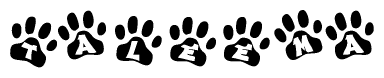 The image shows a series of animal paw prints arranged in a horizontal line. Each paw print contains a letter, and together they spell out the word Taleema.