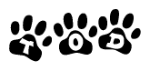 The image shows a series of animal paw prints arranged horizontally. Within each paw print, there's a letter; together they spell Tod