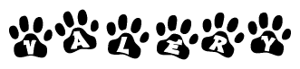 The image shows a series of animal paw prints arranged in a horizontal line. Each paw print contains a letter, and together they spell out the word Valery.