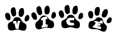The image shows a series of animal paw prints arranged horizontally. Within each paw print, there's a letter; together they spell Vice