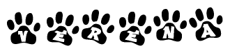The image shows a series of animal paw prints arranged in a horizontal line. Each paw print contains a letter, and together they spell out the word Verena.