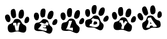 The image shows a series of animal paw prints arranged horizontally. Within each paw print, there's a letter; together they spell Veldya