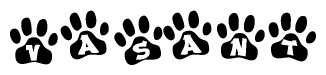 The image shows a series of animal paw prints arranged horizontally. Within each paw print, there's a letter; together they spell Vasant