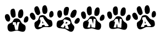 The image shows a series of animal paw prints arranged horizontally. Within each paw print, there's a letter; together they spell Varnna