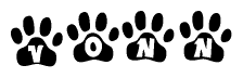 The image shows a series of animal paw prints arranged in a horizontal line. Each paw print contains a letter, and together they spell out the word Vonn.