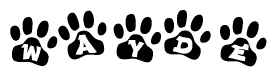 The image shows a row of animal paw prints, each containing a letter. The letters spell out the word Wayde within the paw prints.