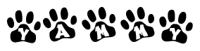 The image shows a row of animal paw prints, each containing a letter. The letters spell out the word Yammy within the paw prints.