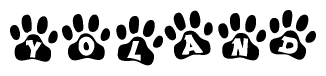 The image shows a row of animal paw prints, each containing a letter. The letters spell out the word Yoland within the paw prints.