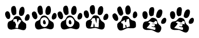 The image shows a series of animal paw prints arranged in a horizontal line. Each paw print contains a letter, and together they spell out the word Yoonhee.