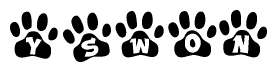 The image shows a series of animal paw prints arranged horizontally. Within each paw print, there's a letter; together they spell Yswon
