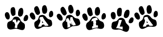 The image shows a series of animal paw prints arranged in a horizontal line. Each paw print contains a letter, and together they spell out the word Yamila.