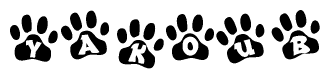 The image shows a row of animal paw prints, each containing a letter. The letters spell out the word Yakoub within the paw prints.