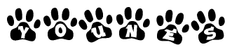 The image shows a row of animal paw prints, each containing a letter. The letters spell out the word Younes within the paw prints.