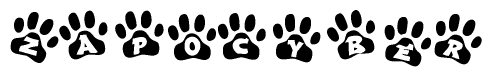 The image shows a series of animal paw prints arranged horizontally. Within each paw print, there's a letter; together they spell Zapocyber