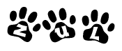 The image shows a series of animal paw prints arranged in a horizontal line. Each paw print contains a letter, and together they spell out the word Zul.
