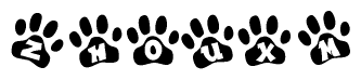 The image shows a row of animal paw prints, each containing a letter. The letters spell out the word Zhouxm within the paw prints.