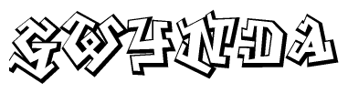 The image is a stylized representation of the letters Gwynda designed to mimic the look of graffiti text. The letters are bold and have a three-dimensional appearance, with emphasis on angles and shadowing effects.