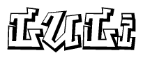 The image is a stylized representation of the letters Luli designed to mimic the look of graffiti text. The letters are bold and have a three-dimensional appearance, with emphasis on angles and shadowing effects.