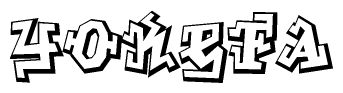 The image is a stylized representation of the letters Yokefa designed to mimic the look of graffiti text. The letters are bold and have a three-dimensional appearance, with emphasis on angles and shadowing effects.
