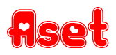 The image is a clipart featuring the word Aset written in a stylized font with a heart shape replacing inserted into the center of each letter. The color scheme of the text and hearts is red with a light outline.