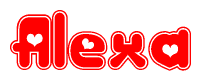 The image is a clipart featuring the word Alexa written in a stylized font with a heart shape replacing inserted into the center of each letter. The color scheme of the text and hearts is red with a light outline.