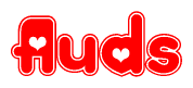 The image is a red and white graphic with the word Auds written in a decorative script. Each letter in  is contained within its own outlined bubble-like shape. Inside each letter, there is a white heart symbol.