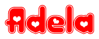 The image is a red and white graphic with the word Adela written in a decorative script. Each letter in  is contained within its own outlined bubble-like shape. Inside each letter, there is a white heart symbol.