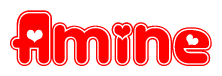 The image is a red and white graphic with the word Amine written in a decorative script. Each letter in  is contained within its own outlined bubble-like shape. Inside each letter, there is a white heart symbol.