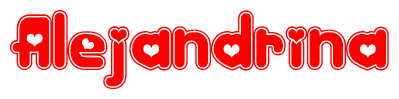 The image is a red and white graphic with the word Alejandrina written in a decorative script. Each letter in  is contained within its own outlined bubble-like shape. Inside each letter, there is a white heart symbol.
