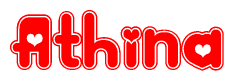 The image is a red and white graphic with the word Athina written in a decorative script. Each letter in  is contained within its own outlined bubble-like shape. Inside each letter, there is a white heart symbol.