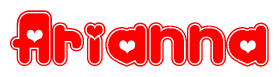 The image is a red and white graphic with the word Arianna written in a decorative script. Each letter in  is contained within its own outlined bubble-like shape. Inside each letter, there is a white heart symbol.