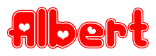 The image is a clipart featuring the word Albert written in a stylized font with a heart shape replacing inserted into the center of each letter. The color scheme of the text and hearts is red with a light outline.