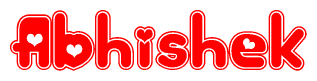 The image is a clipart featuring the word Abhishek written in a stylized font with a heart shape replacing inserted into the center of each letter. The color scheme of the text and hearts is red with a light outline.